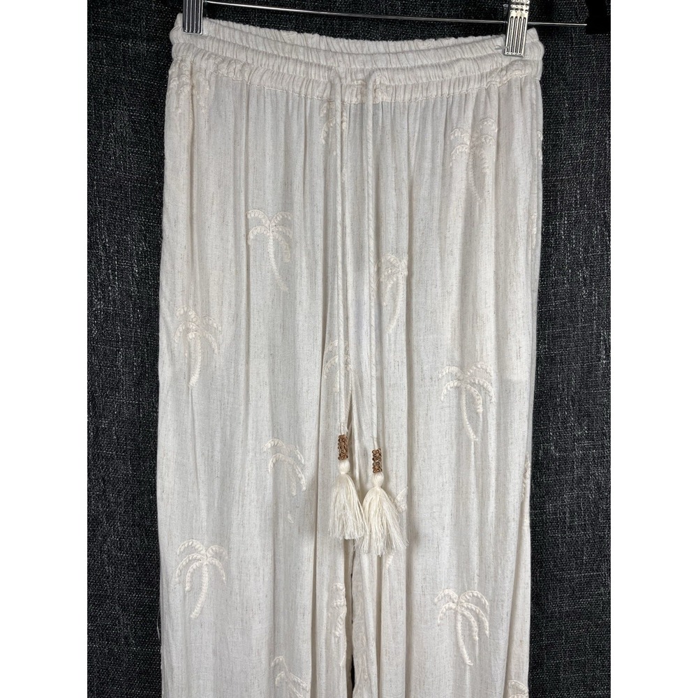 NWT BLUE ISLAND Sz XS Pants Swim Coverup Wide Leg Palm Trees Oatmeal Tassel New